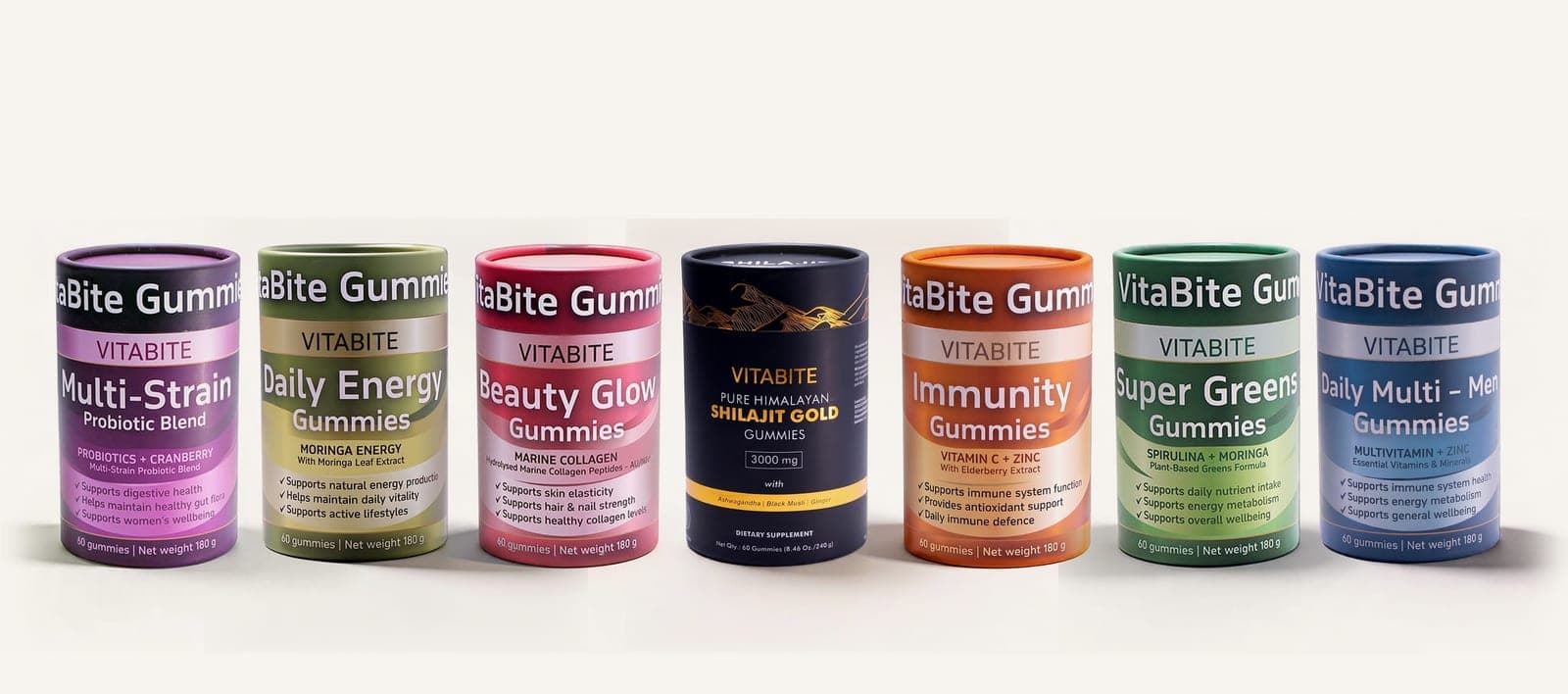 All seven Vitabite gummy packs in a row: Multi-Strain Probiotic, Daily Energy, Beauty Glow, Shilajit, Immunity, Super Greens and Daily Multi for Men.
